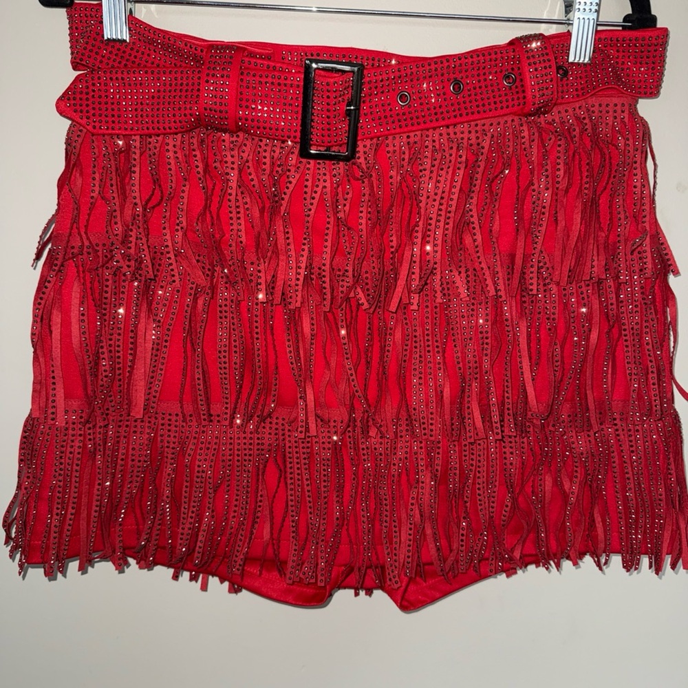 Stylish Red Fringe Mini Skirt